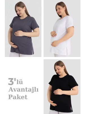 Terrien Premium Gündelik Stil Anne Giyimi Kombin Seti Pamuklu Kısa Kollu Hamile Tişört 3'lü Paket