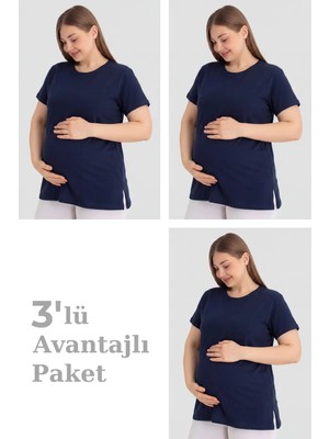 Terrien Delux Serisi Gebe Giyim Üçlü Set Rahat Kıyafet Pamuklu Kısa Kollu Hamile Tişört Lacivert 3'lü Paket