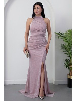 Kalopya Halter Yaka Yırtmaçlı Simli Elbise DRP0013