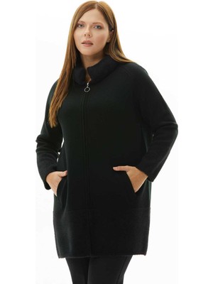 Selen Önü Fermuarlı Yakası ve Etek Ucu Kombinli Hırka  /  Siyah