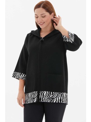 Selen Büyük Beden Kol ve Etek Ucu Zebra Kombinli Hırka  /  Siyah