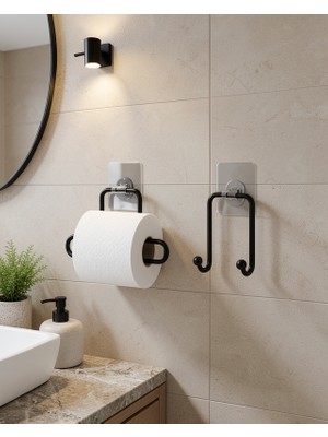 Aparim Yapışkanlı Rulo Kağıt Tutucu ve Havlu Askılığı 2 Parça Set