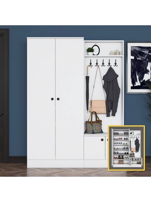 Rani EA151 Modern Portmanto Raflı Askılı Ayakkabılık Vestiyer Beyaz