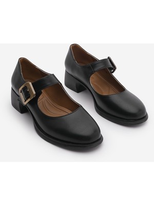 Marjin Kadın Tokalı Kalın Topuk Günlük Ayakkabı Loafer Meniz Siyah