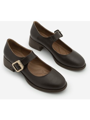 Marjin Kadın Tokalı Kalın Topuk Günlük Ayakkabı Loafer Meniz Kahve
