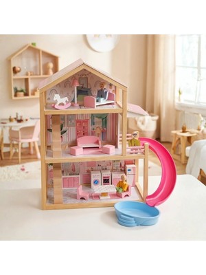 Toysilla Ahşap Bebek Evi - 3 Katlı, Full Eşyalı, Pembe Kaydıraklı ve Havuzlu Oyun Seti