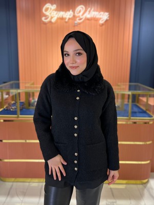 Kürklü Angora Hırka Siyah