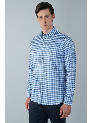 Bisse Mavi Regular Fit %100 Pamuk Cepsiz Uzun Paşa Yaka Gömlek GMCZG250011_D35
