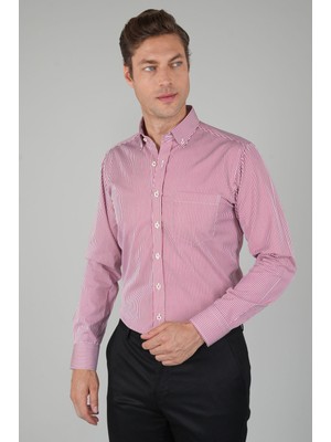 Bisse Bordo Regular Fit Pamuk Uzun Kollu Çizgili Gömlek GMCZG252071_D25