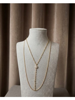 Gold Detaylı Zirkon Gömme Taşlı Uzun Kolye ve Y Kolye Sıralı Iki Kolye