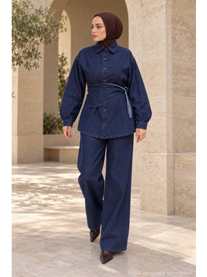 Polo State Liva Asimetrik Kuşaklı Denim Takım – Koyu Mavi
