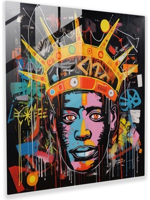 Popcas Basquiat Taç Cam Tablo - Graffiti Esinli Sanat Eseri Cam Duvar Sanatı Duvar Dekorasyonu