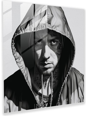 Popcasso Eminem Temalı Cam Tablo - Siyah Beyaz Duvar Tablosu