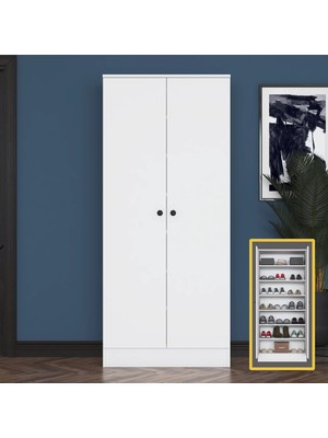 Rani EA148 Modern Portmanto 2 Kapaklı Raflı Ayakkabılık Vestiyer Beyaz