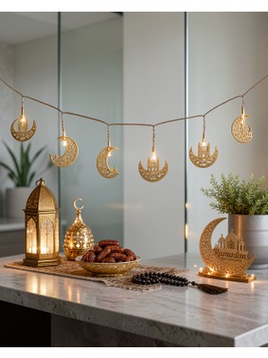 Rüzgar Dekor Minareli Hilal LED Işık Gold Metal 8