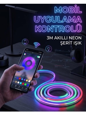 Rüzgar Dekor 3 Metre Rgb Neon LED Şerit Işık Su Geçirmez Kumandalı ve Uygulama Kontrollü Dekoratif Aydınlatma