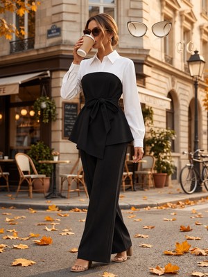 paris store Kadın Uzun Kollu Yakalı Üst Kısmı Trikoton Asimetrik Detaylı Belden Kuşaklı Ithal Krep Bluz ve Yırtmaçlı Pantolon Ikili Takım