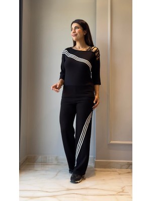 paris store Kadın Uzun Kollu Truvakar Kol Tek Omuz Çapraz Şerit Detaylı Ribanalı Viskon Iki Iplik Bluz ve Pantolon Ikili Takım