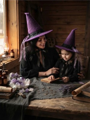 Retro Women Mor Siyah Keçe Özel Tasarım Tohum Kurdela Detaylı Kutlama Kostüm Doğum Günü Cadılar Bayramı Etkinlik Aksesuar Dekoratif Yılbaşı Halloween Cadı Şapkası(1 Adet)
