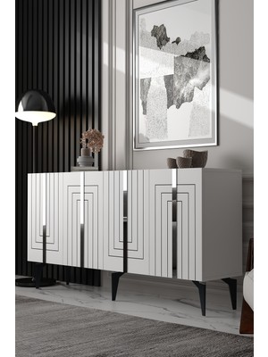 Dekortis Home Dekor 150DHDK14BG Artemis Pleksi ve Lazer Çizgi Desen Konsol Beyaz-Gümüş