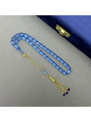 Aslan Tespih 925 Ayar Üç Sallantı Gümüş Püsküllü Hareli Mavi Kapsül Üst Kalite Alman Bakalit Tespih