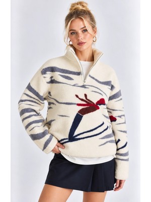Mevese Cepli ve Yarım Fermuarlı Dik Yaka Desenli Kadın Oversize Polar Sweat - Beyaz-Gri