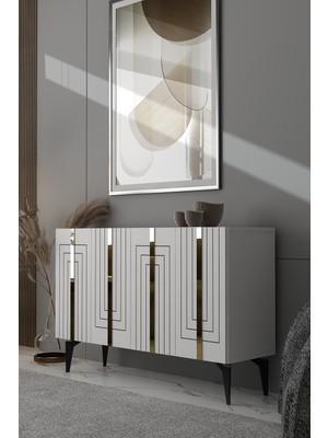 Dekortis Home Dekor 120DHDK14BA Artemis Pleksi ve Lazer Çizgi Desen Kapak Konsol Beyaz-Altın
