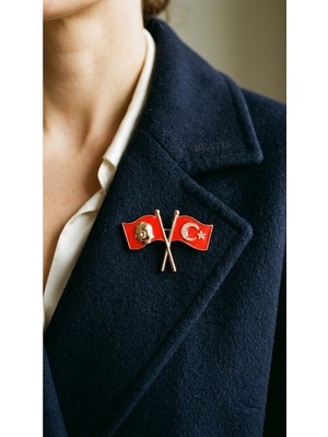 Beatis Atatürk ve Türk Bayrağı Çapraz Rozet Broş - Gold Zirkon Taşlı Yaka Iğnesi 4,2 cm
