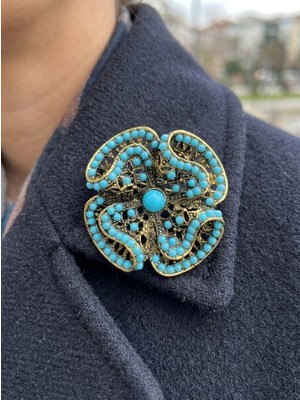 Beatis Turkuaz Boncuklu Çiçek Broş - Antik Gold Filigran Vintage Kadın Yaka Iğnesi 4 cm