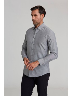 Bisse Gri Modern Slim Fit %100 Pamuk Düğmeli Gizli Spor Gömlek GMARS0122300206_D99