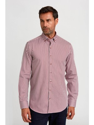 Bisse Bordo Modern Fit Pamuk Düğmeli Yaka Saten Gömlek GMCZG0822300220_D25