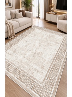STY Home Bej Krem Dijital Baskı Salon Halısı Kaymaz Tabanlı Yıkanabilir Halı Yolluk 1131