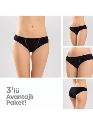 Kadın Pamuklu Zikzak Işlemeli Bikini Kesim Külot 3'lü Paket | Siyah Beyaz Dantel Detaylı Iç Çamaşırı