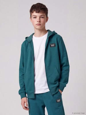 LC Waikiki Lcw Kids Petrol Kapüşonlu Kalın Erkek Çocuk Fermuarlı Sweatshirt
