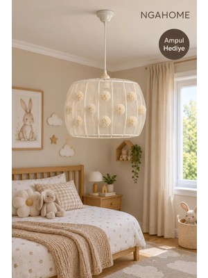 Nga Home Ngahome Krem Ponponlu Tül Avize 30 cm | Çocuk Odası & Bebek Odası Dekoratif Sarkıt Avize (E27 Duy)