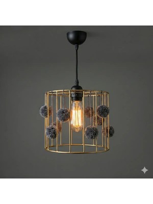 Nga Home Ngahome El Yapımı Siyah Tel Kafes Ponponlu Dekoratif Avize (20X15 Cm) - LED Ampul Hediyeli! - Gri