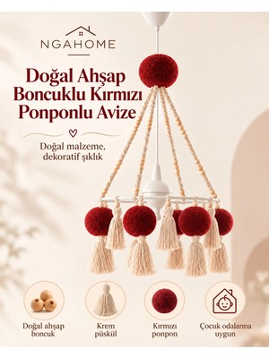 Nga Home Ngahome El Yapımı Bohem Ahşap Boncuk Avize – Kırmızı Ponpon & Püskül Detaylı Dekoratif Tavan Lambası