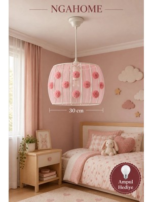 Nga Home Ngahome Pembe Ponponlu Çocuk Odası Avizesi 30 cm | Metal Kafes, Tüllü, E27 Duy Dekoratif Sarkıt