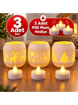 Piyatech Yılbaşı Temalı 3'lü Dekoratif LED Mumluk Seti – Geyik, Yıldız ve Çam Ağacı Desenli, 3 Adet Pilli Mum Hediyeli, 6 cm