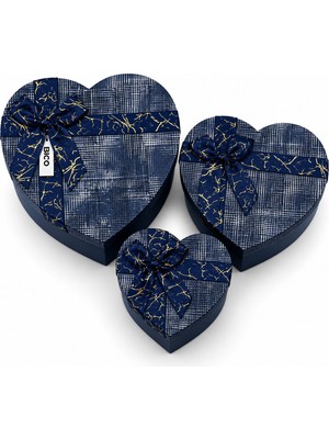 Marsilyan 3pcs Kalp Çizgili Mix Renkli - Kabartma Desen Karton Hediye Kutusu Kurdelalı 22X20-19X17-16X14CM (4887)