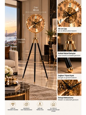 Gato Shop Gold Siyah Tripod Ayaklı Dekoratif Saat 110 cm | 40 cm Çaplı Iskelet Mekanizmalı Lüks Salon ve Ofis Saati