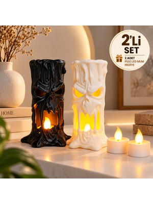 Piyatech 2'li Set Kuru Kafa Mumluk, LED Işıklı Dekoratif Halloween Korku Temalı Masa Süsü, Siyah Beyaz, 15 cm