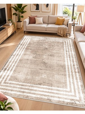 STY Home Krem Bej Dijital Baskı Salon Halısı Kaymaz Tabanlı Yıkanabilir Halı Yolluk 1134