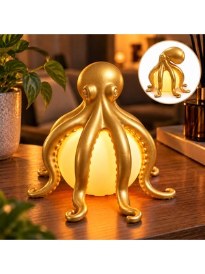 Piyatech Ahtapot Figürlü Dekoratif Mumluk, Pilli LED Mum Hediyeli, Modern Masaüstü Ev ve Ofis Dekorasyonu, 17X19 cm - Gold