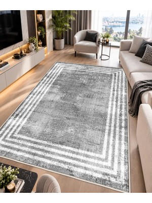 STY Home Gri Dijital Baskı Salon Halısı Kaymaz Tabanlı Yıkanabilir Halı Yolluk 1135