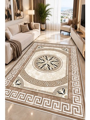 STY Home Kahverengi Dijital Baskı Salon Halısı Kaymaz Tabanlı Yıkanabilir Halı Yolluk 1136