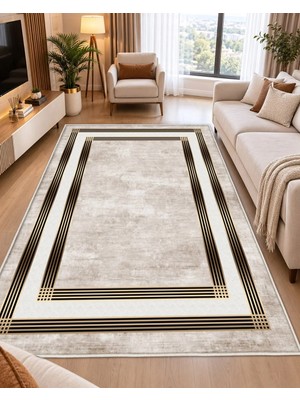 STY Home Bej Dijital Baskı Salon Halısı Kaymaz Tabanlı Yıkanabilir Halı Yolluk 1138