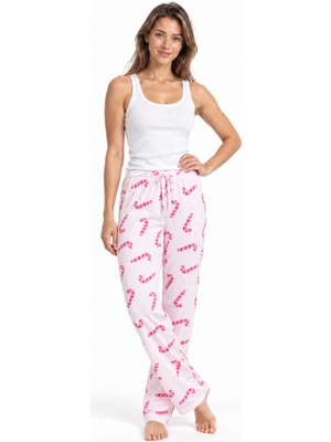 Fit Women Kadın Çizgili Bluz Desenli Askılı Beyaz Pijama Takımı