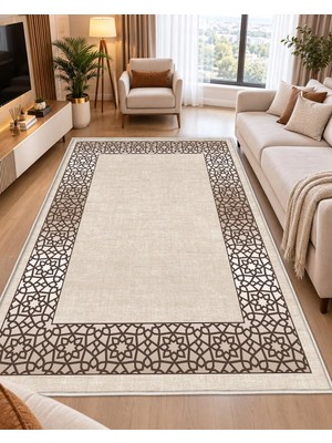 STY Home Bej Kahverengi Dijital Baskı Salon Halısı Kaymaz Tabanlı Yıkanabilir Halı Yolluk 1140