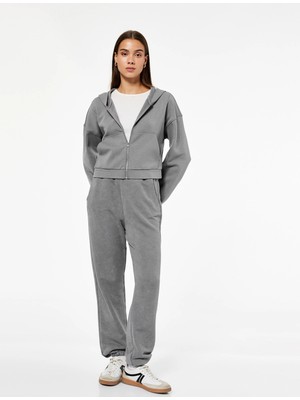 Koton Rahat Kalıp Kanguru Cepli Fermuarlı Yıkamalı Kapüşonlu Crop Sweatshirt